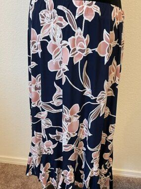 SJS Navy Floral Print Midi Skirt Women's Size Large Flowy A Line